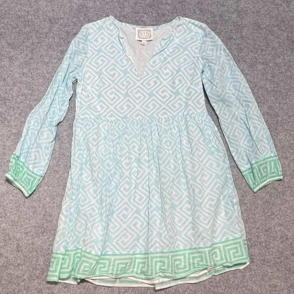 STS Sail & Sable Aqua Greek Key Coastal Preppy Mini Dress Resort Beach Tunic SM